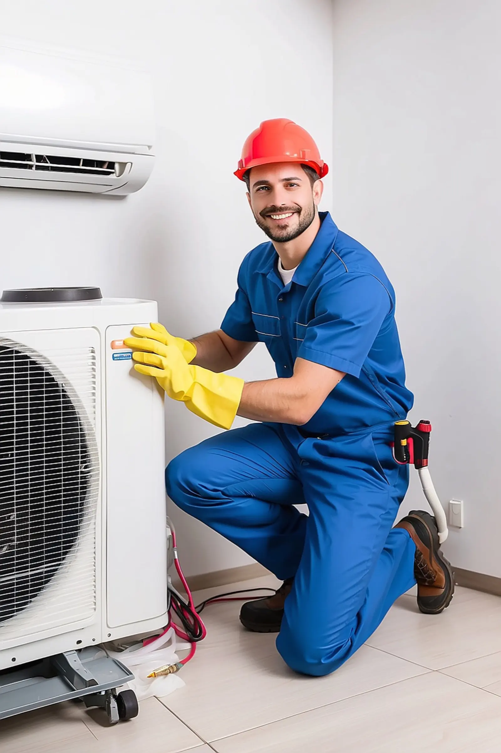 Técnico de CoolFix junto a la unidad exterior de un aire acondicionado recién instalado